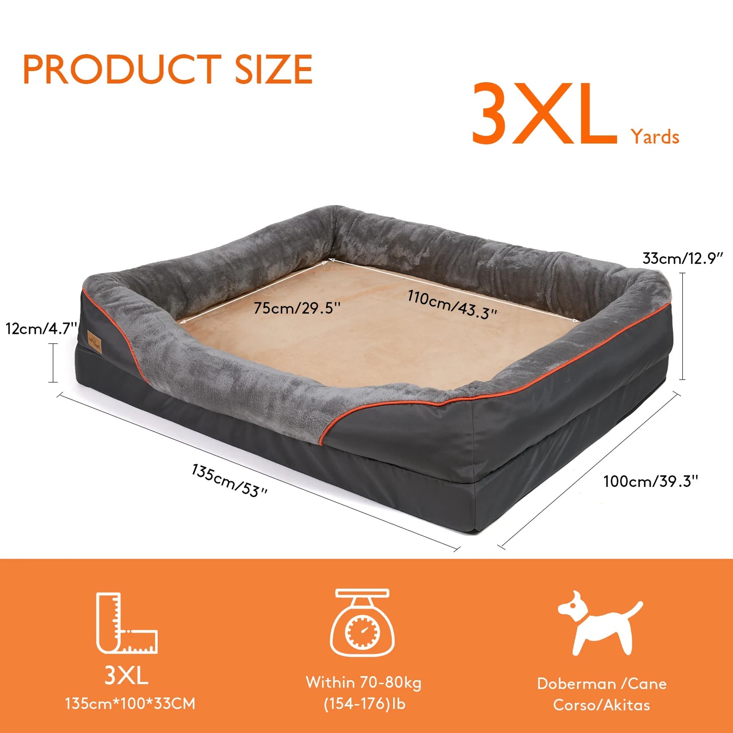 Large Soft Orthopedic Foam Pet Bed w/Bolster