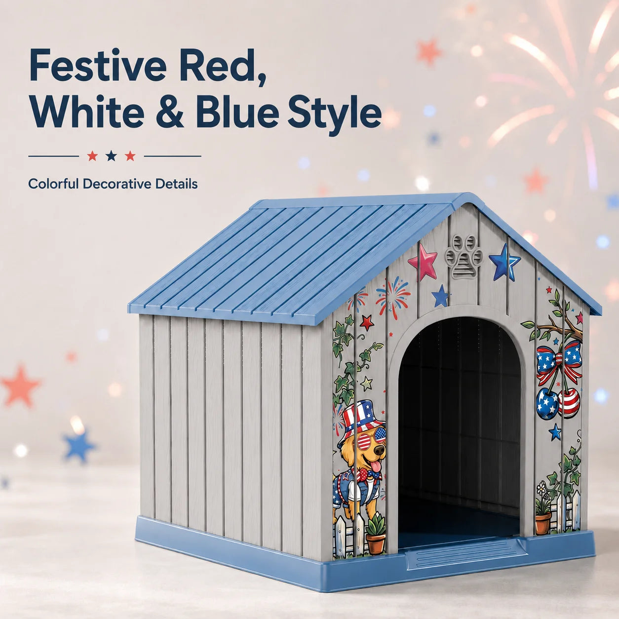 Outdoor Weatherproof Plastic Dog House w/Printed Pattern Door