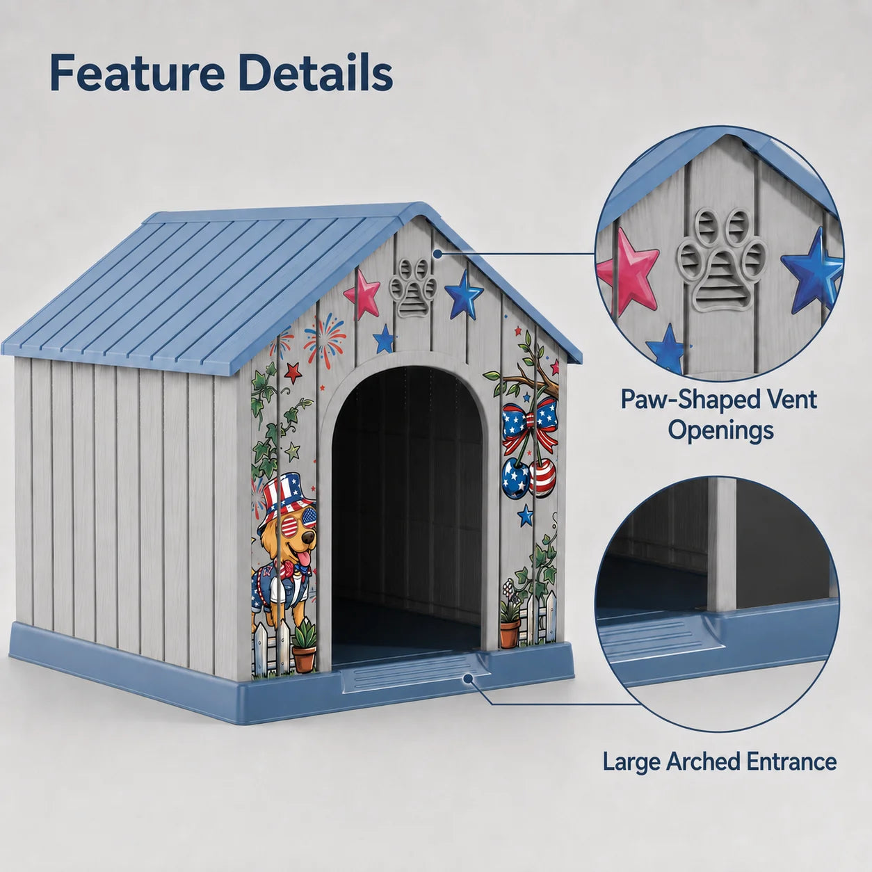 Outdoor Weatherproof Plastic Dog House w/Printed Pattern Door