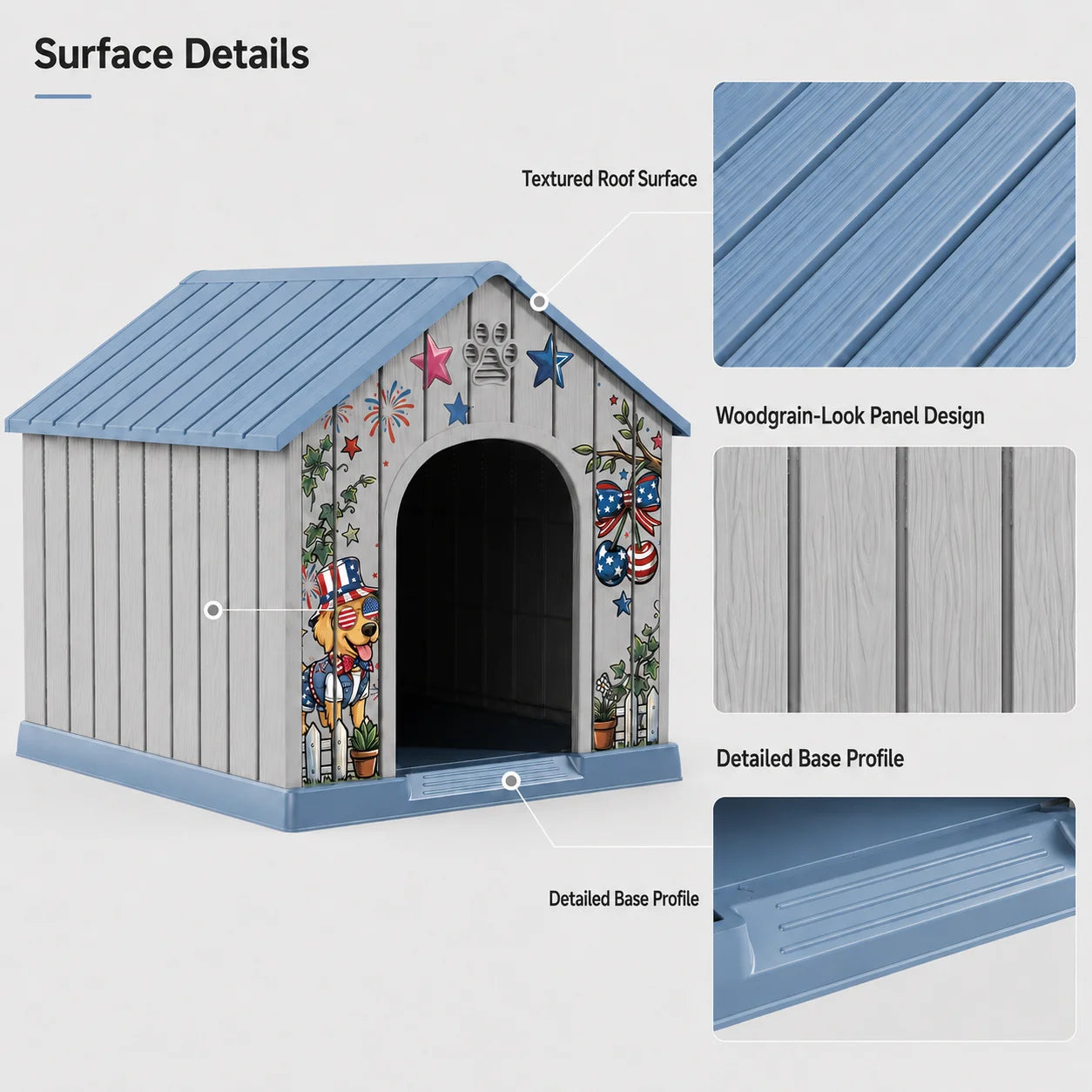 Outdoor Weatherproof Plastic Dog House w/Printed Pattern Door