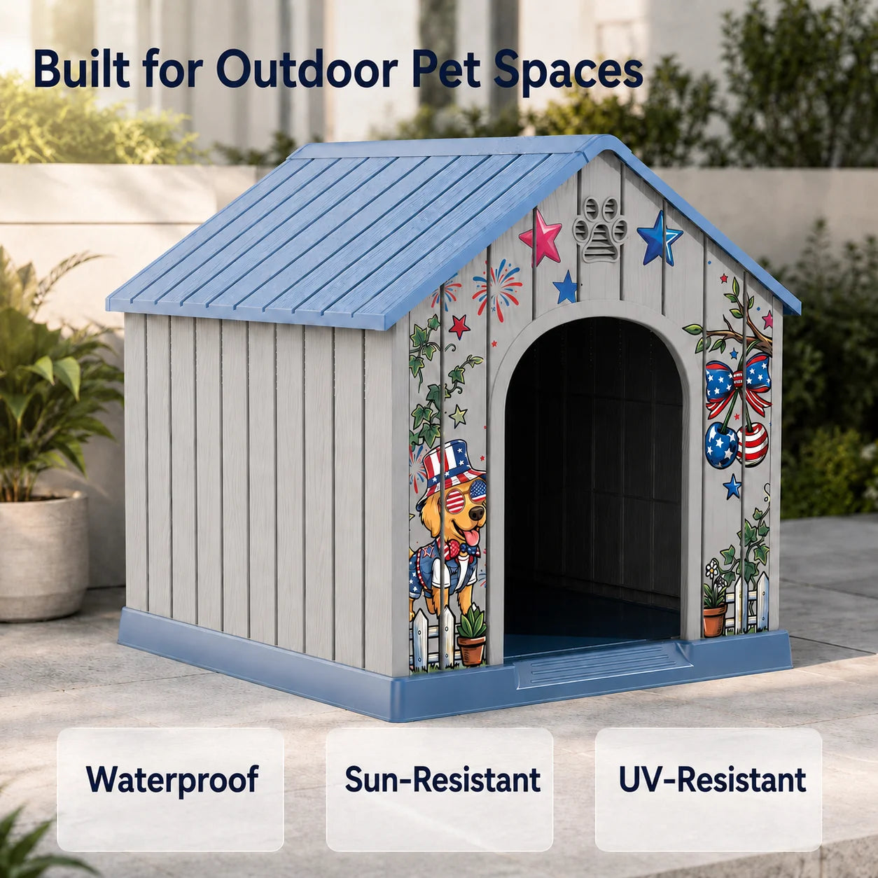 Outdoor Weatherproof Plastic Dog House w/Printed Pattern Door