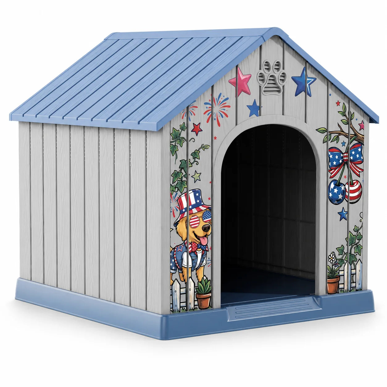 Outdoor Weatherproof Plastic Dog House w/Printed Pattern Door