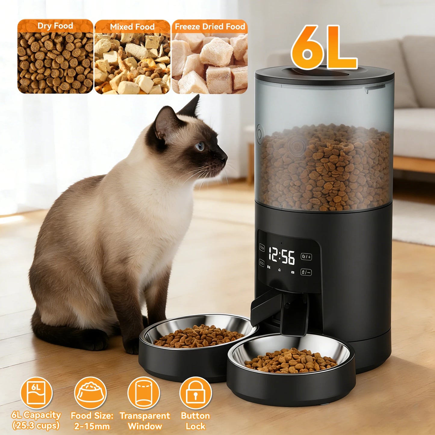 JHK 6L Automatic Pet Feeder w/2 Stainless Steel Bowls