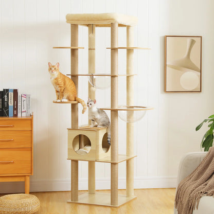 Indoor Wood Cat Tower w/Scratching Posts