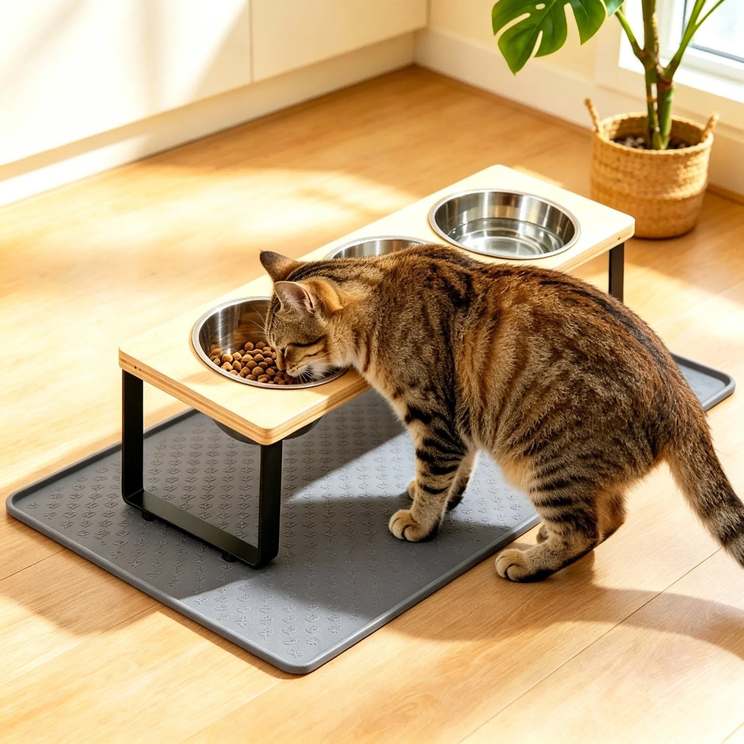 3 Bowl Elevated Pet Feeder Bamboo & Iron Stand
