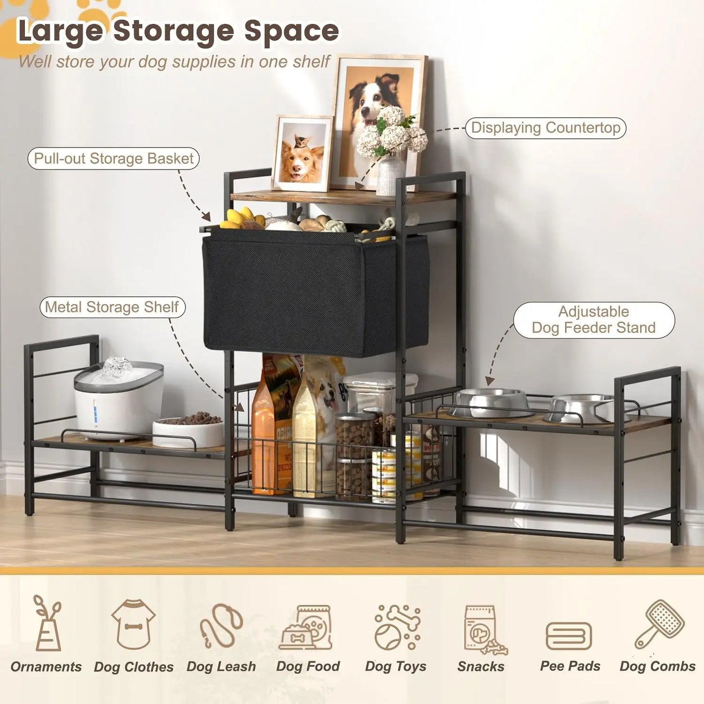 Raised Pet Feeding Stations w/Storage Basket & Toy Bin