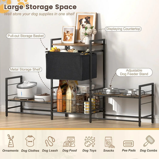 Raised Pet Feeding Stations w/Storage Basket & Toy Bin