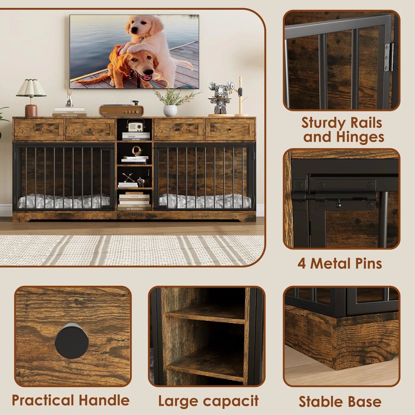 82'' Large Double Pet Crate Furniture w/4 Drawers