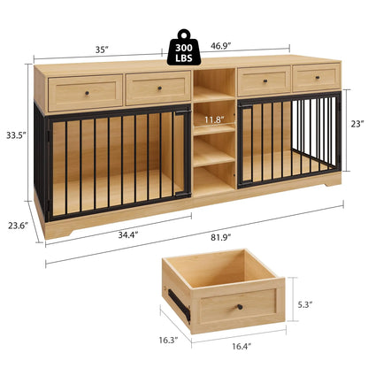 82'' Large Double Pet Crate Furniture w/4 Drawers
