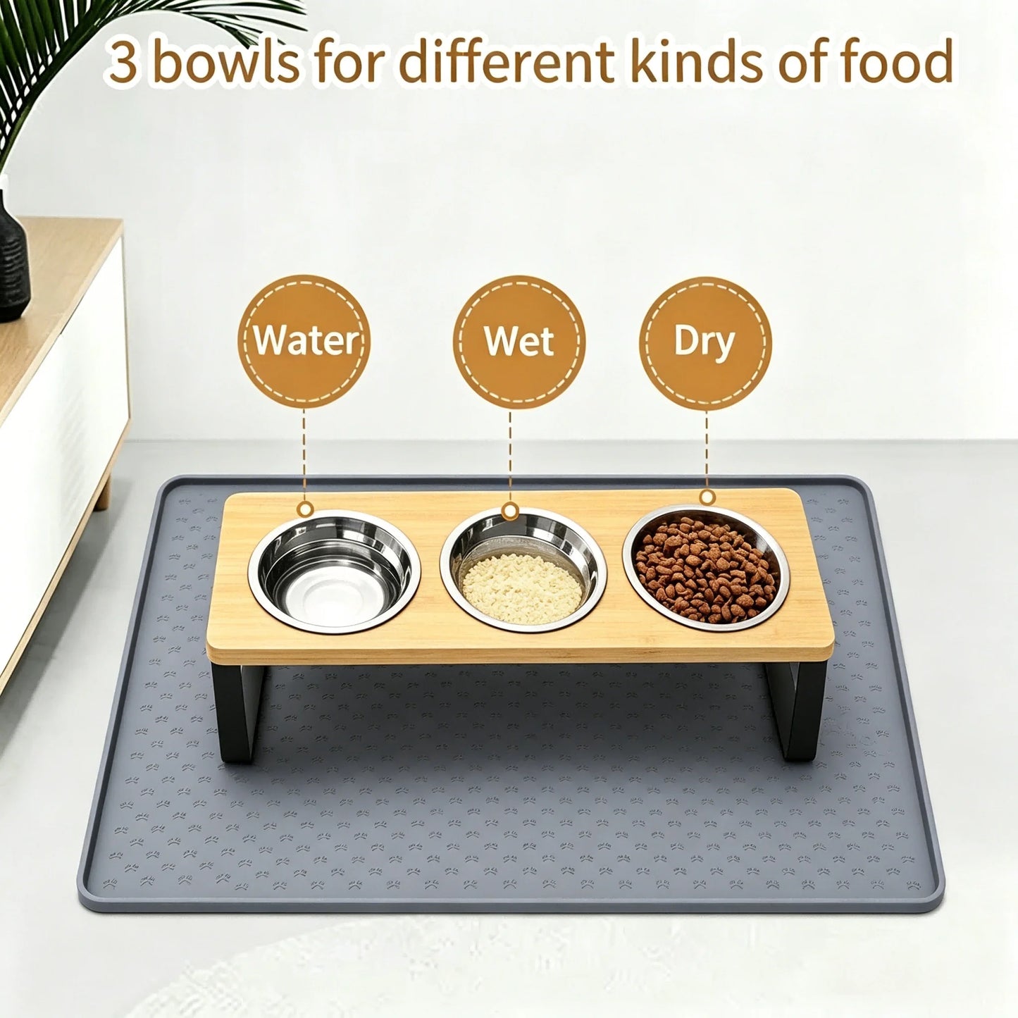 3 Bowl Elevated Pet Feeder Bamboo & Iron Stand