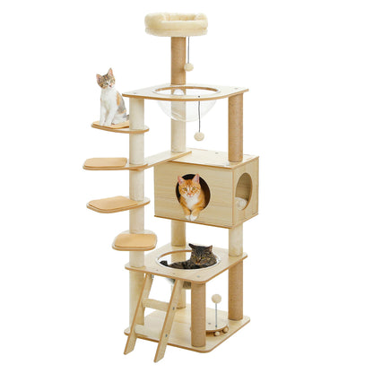 Indoor Wood Cat Tower w/Scratching Posts