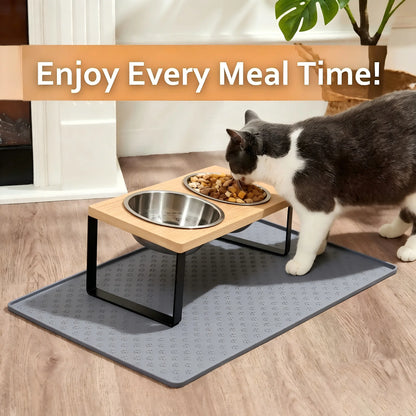 2 Elevated Stainless Steel Pet Bowls w/Mat