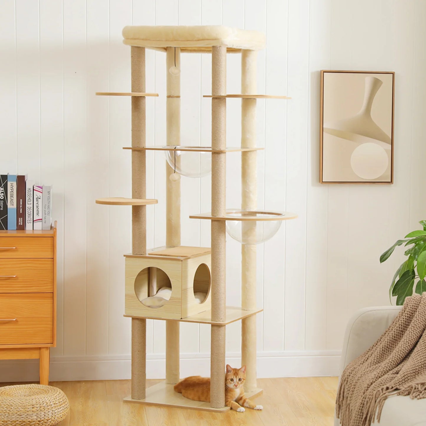 Indoor Wood Cat Tower w/Scratching Posts
