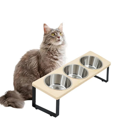 3 Bowl Elevated Pet Feeder Bamboo & Iron Stand