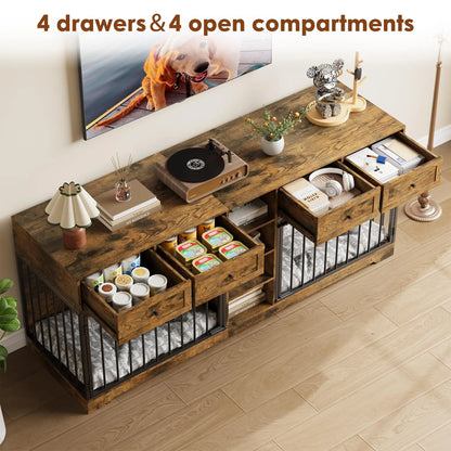 82'' Large Double Pet Crate Furniture w/4 Drawers