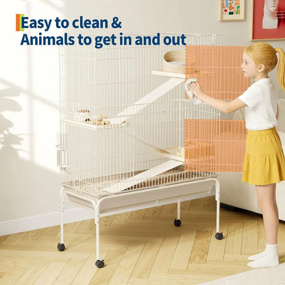 55" Small Animal Cage with Wheels,Ramps & Platforms, Water & Food Dish