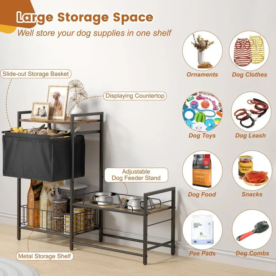 Adjustable Pet Water/Feeding Cabinet w/Toy Bin