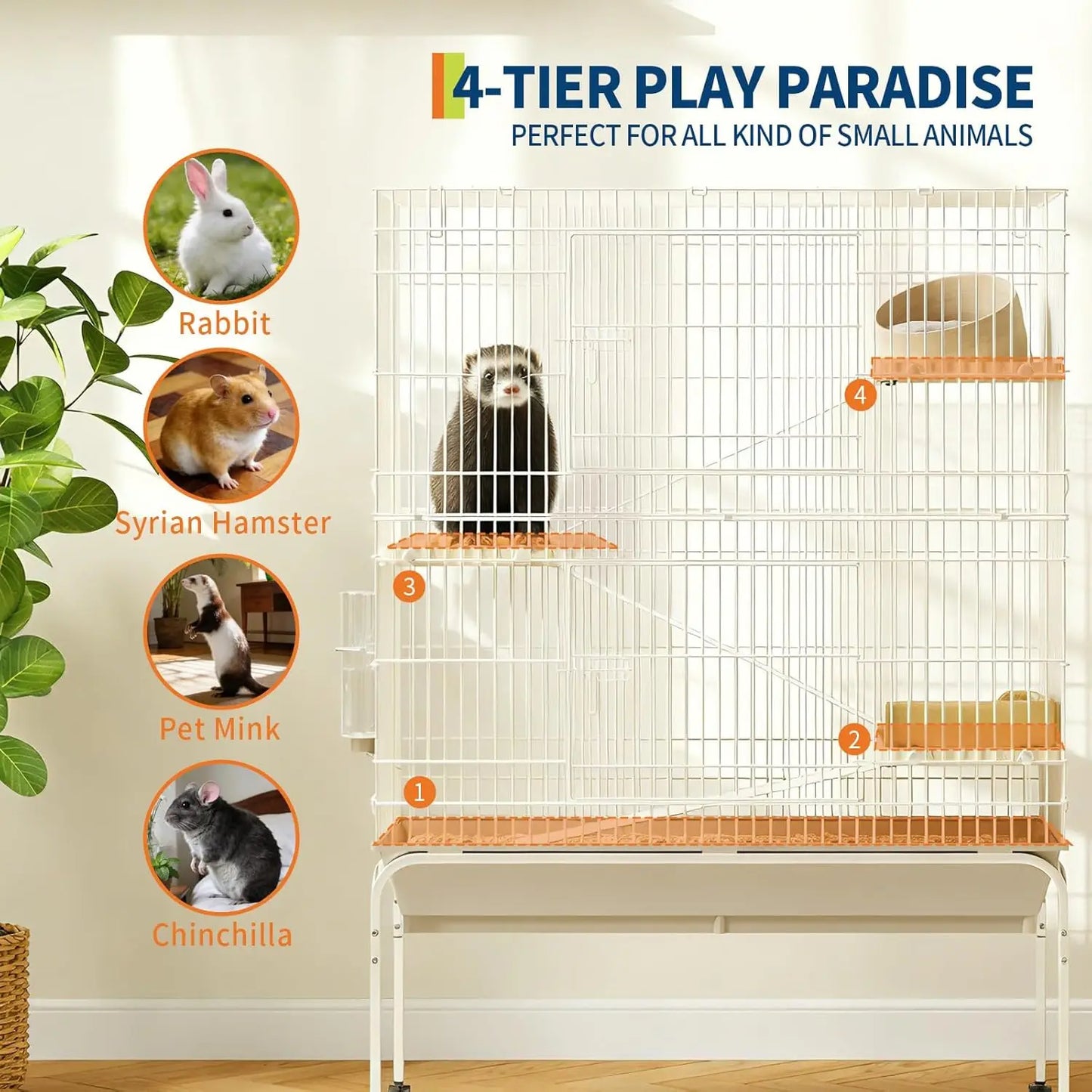 55" Small Animal Cage with Wheels,Ramps & Platforms, Water & Food Dish