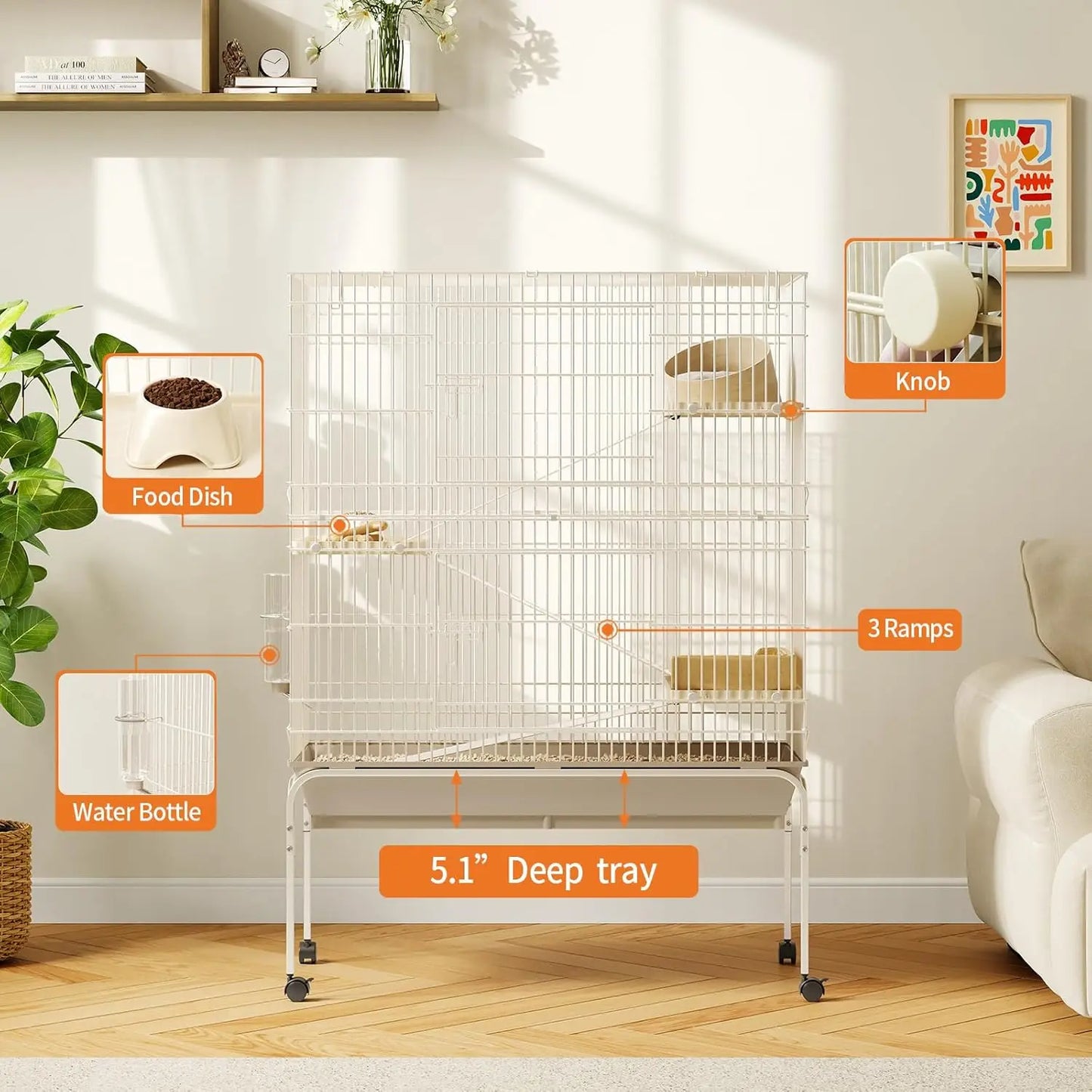 55" Small Animal Cage with Wheels,Ramps & Platforms, Water & Food Dish
