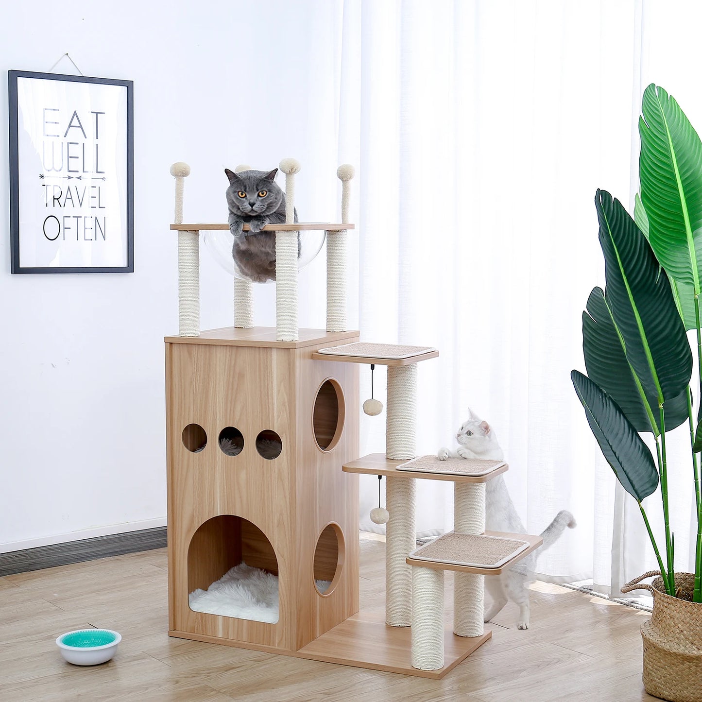 Indoor Wood Cat Tower w/Scratching Posts