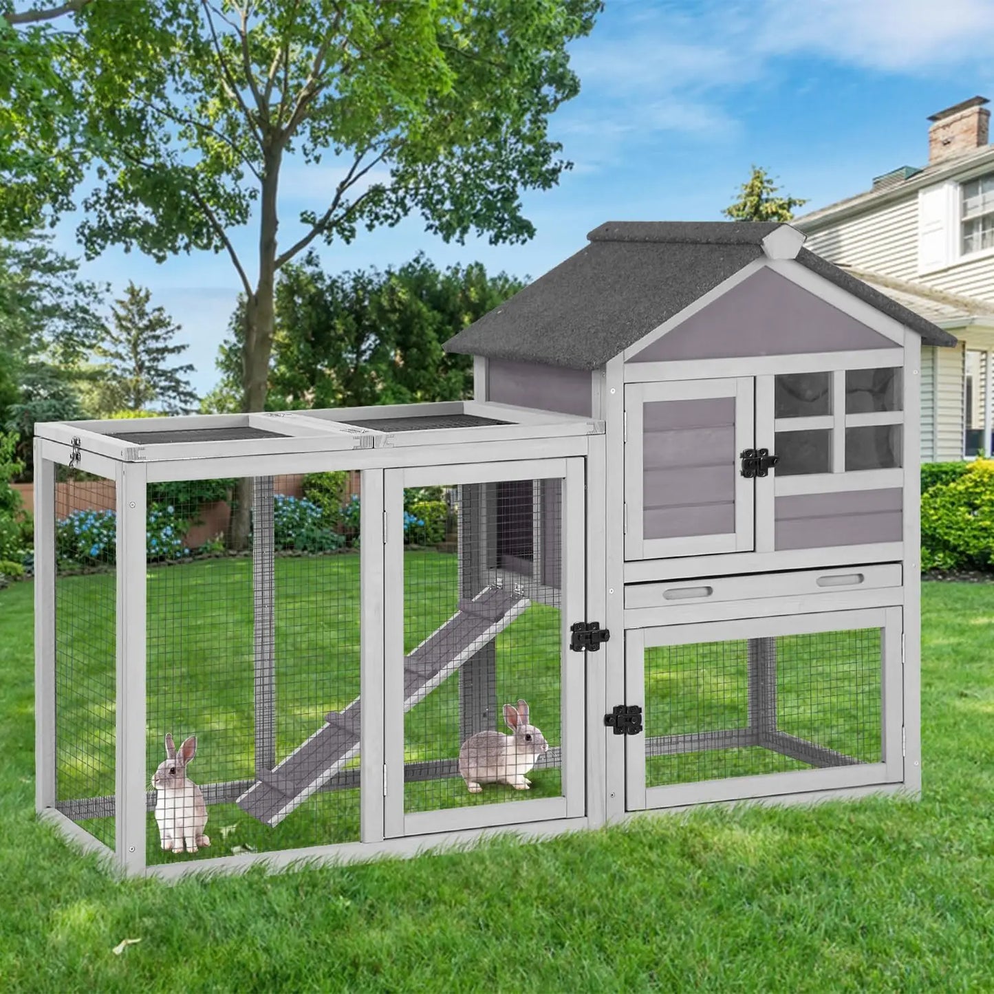 2-Story Rabbit Hutch with Metal Frame for Indoor/Outdoor