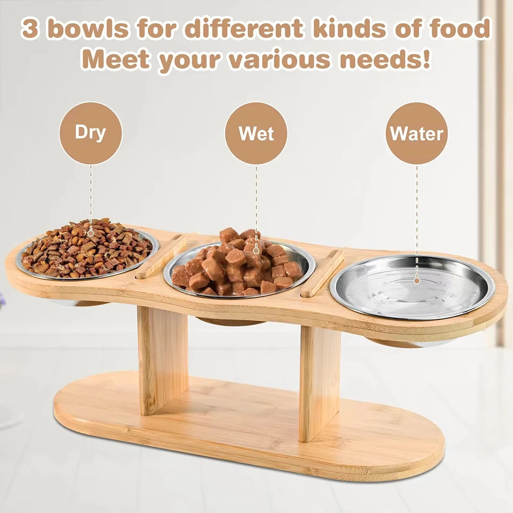 Raised Pet Feeder w/3 Stainless Steel Bowls