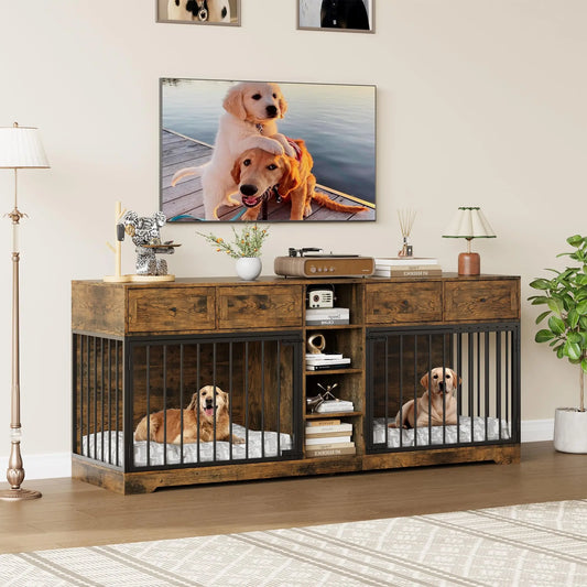 82'' Large Double Pet Crate Furniture w/4 Drawers