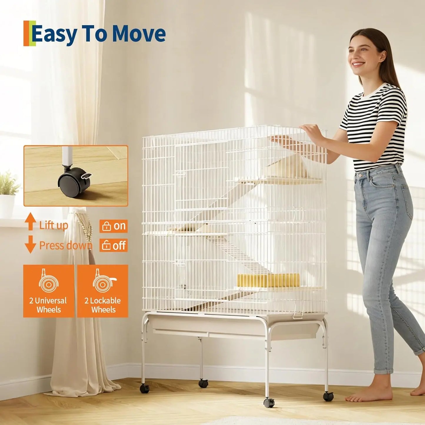 55" Small Animal Cage with Wheels,Ramps & Platforms, Water & Food Dish