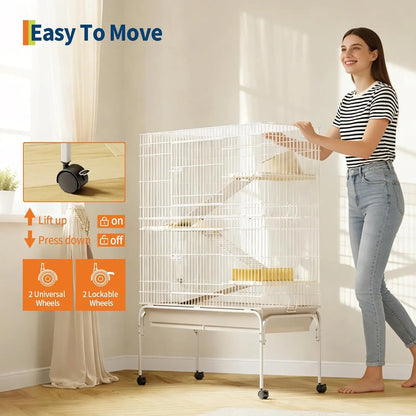 55" Small Animal Cage with Wheels,Ramps & Platforms, Water & Food Dish