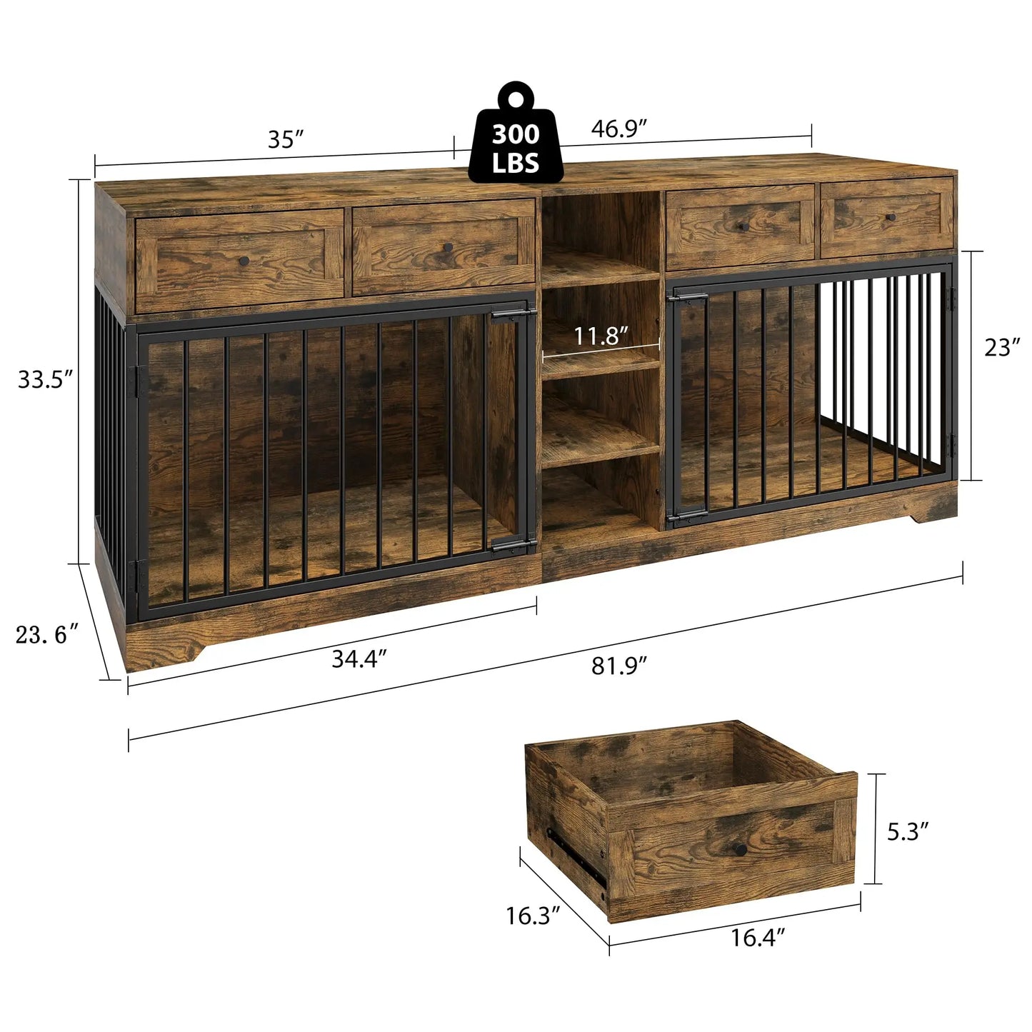 82'' Large Double Pet Crate Furniture w/4 Drawers