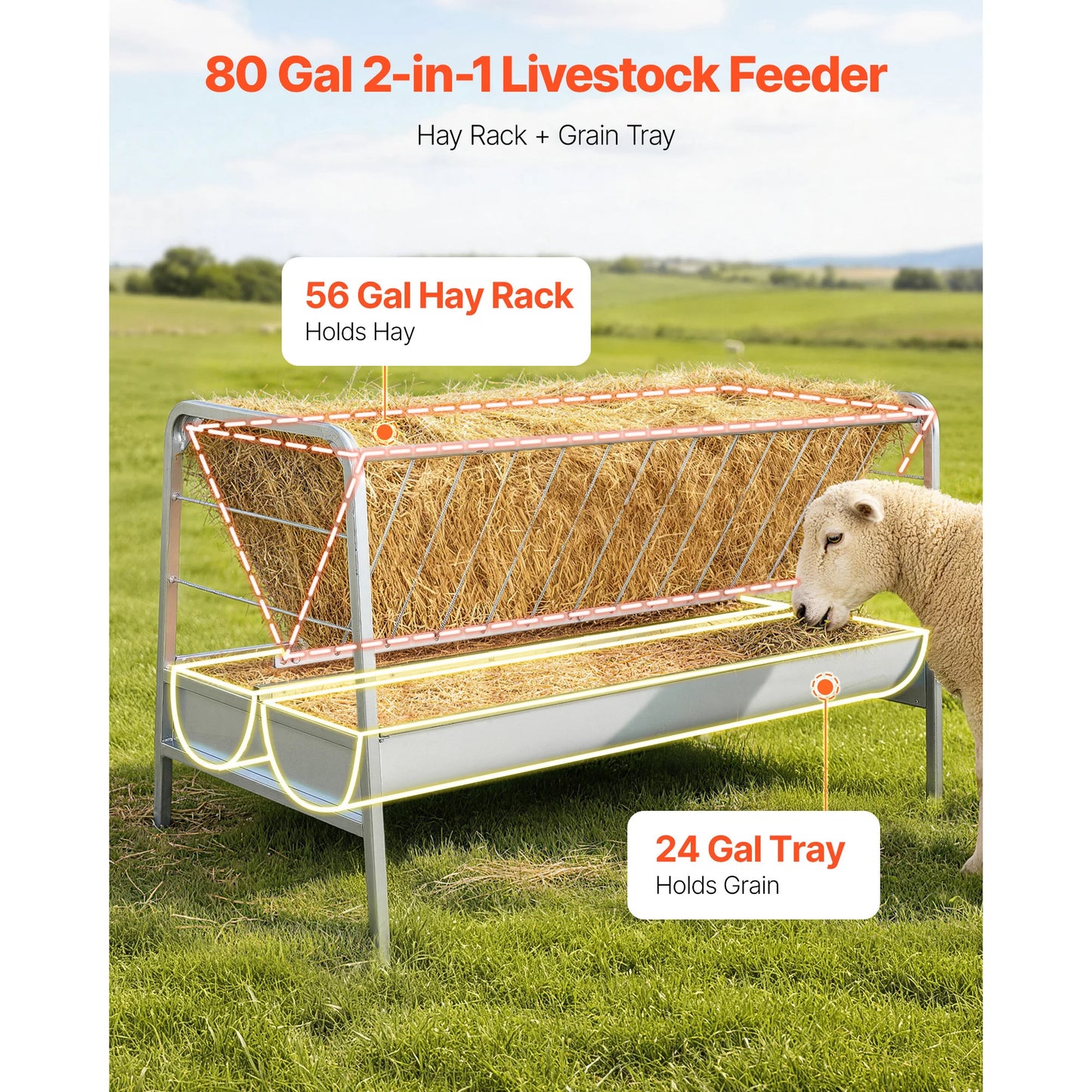 SucceBuy 80 Gal Hay Feeder w/Deep Feeding Pan