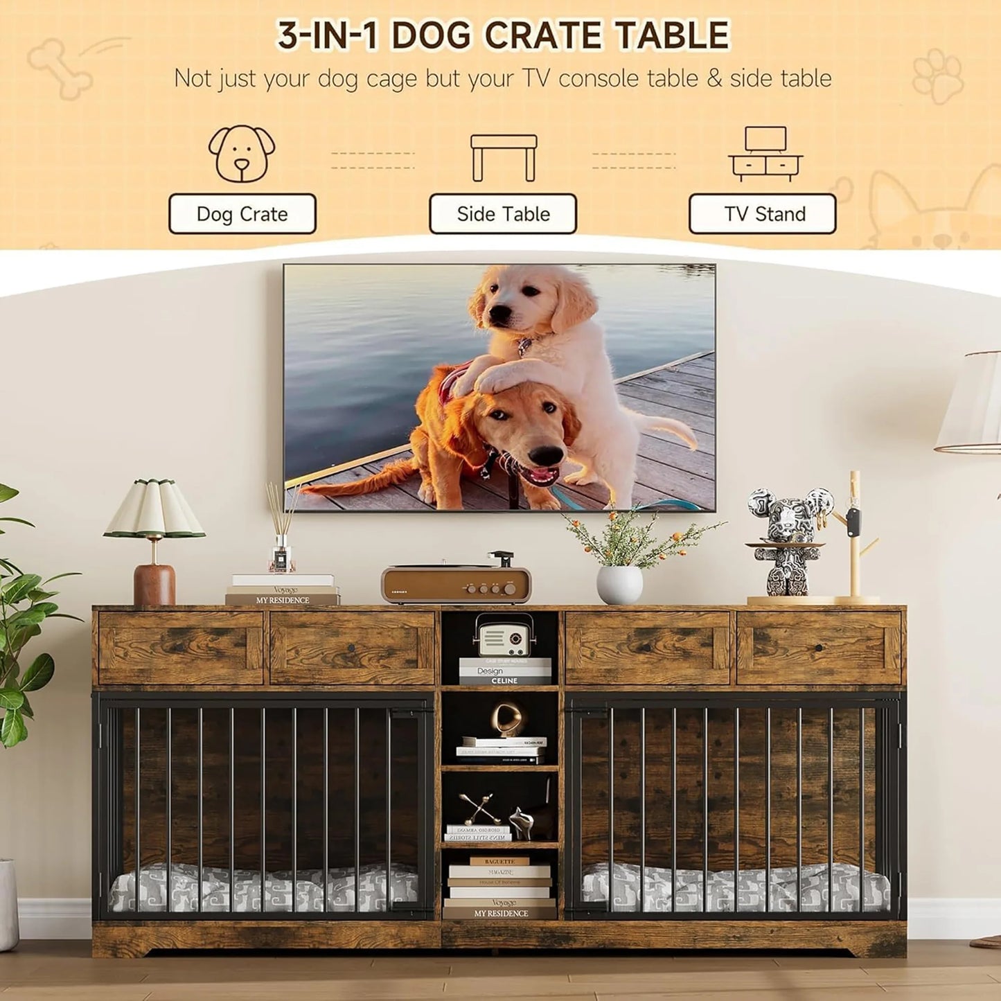 82'' Large Double Pet Crate Furniture w/4 Drawers
