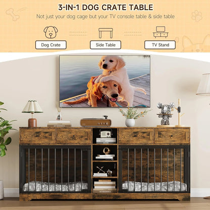 82'' Large Double Pet Crate Furniture w/4 Drawers