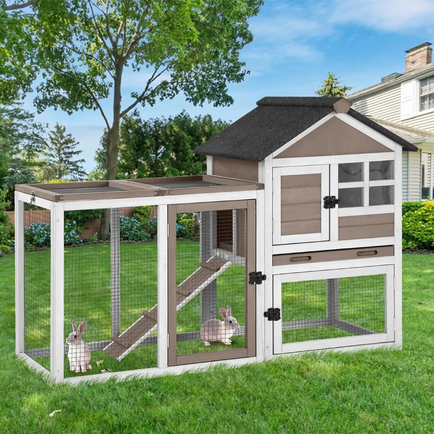 2-Story Rabbit Hutch with Metal Frame for Indoor/Outdoor