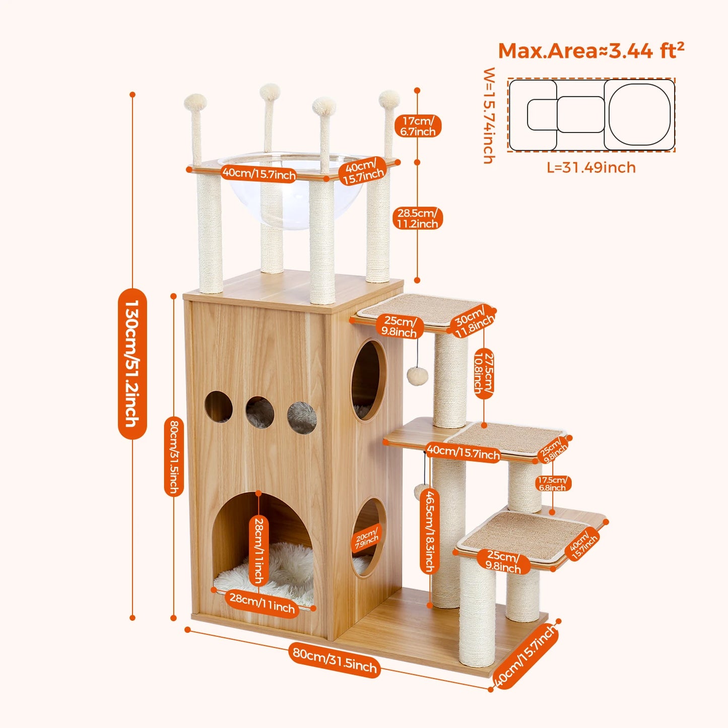 Indoor Wood Cat Tower w/Scratching Posts