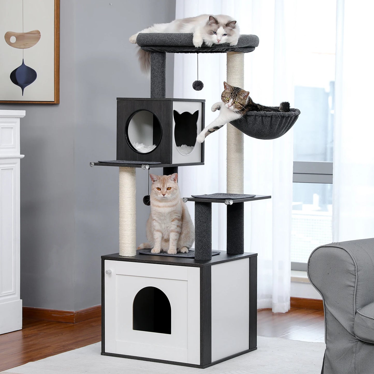 Indoor Wood Cat Tower w/Scratching Posts
