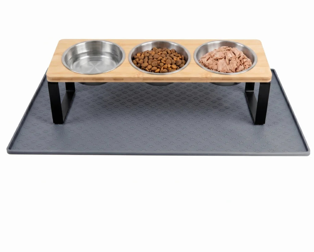 3 Bowl Elevated Pet Feeder Bamboo & Iron Stand