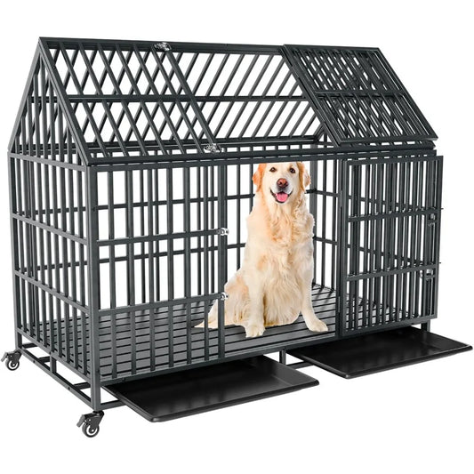 Heavy Duty XL Kennel w/Open Roof, Trays & Wheels