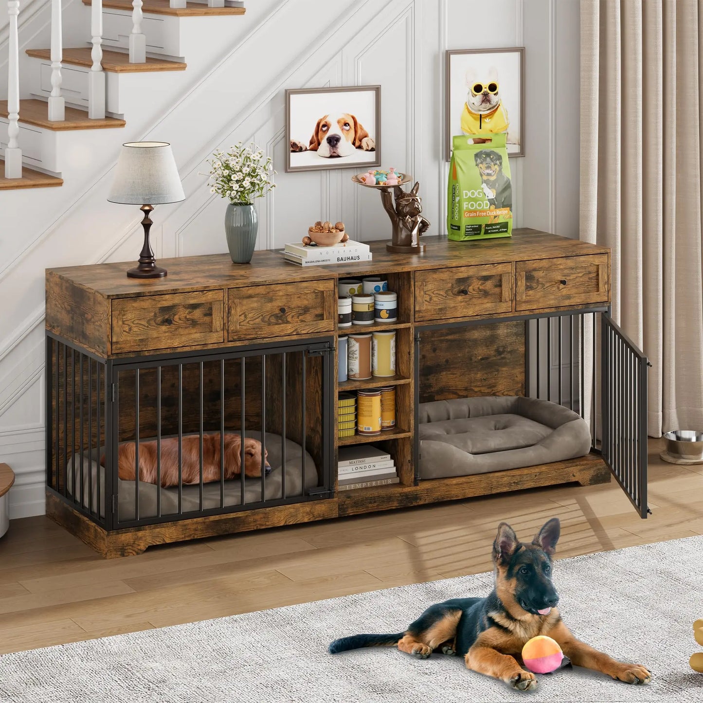 82'' Large Double Pet Crate Furniture w/4 Drawers