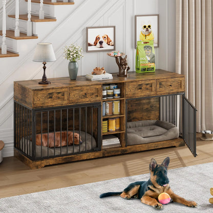 82'' Large Double Pet Crate Furniture w/4 Drawers