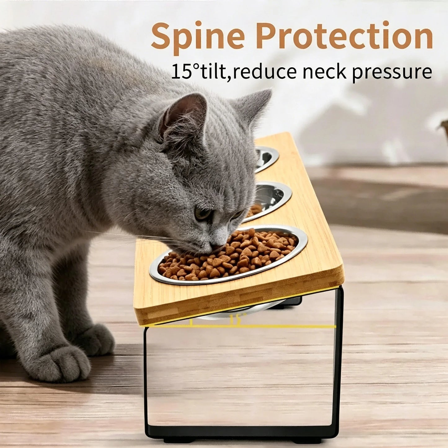 3 Bowl Elevated Pet Feeder Bamboo & Iron Stand