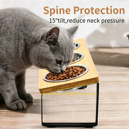 3 Bowl Elevated Pet Feeder Bamboo & Iron Stand