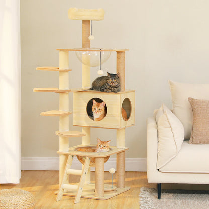 Indoor Wood Cat Tower w/Scratching Posts